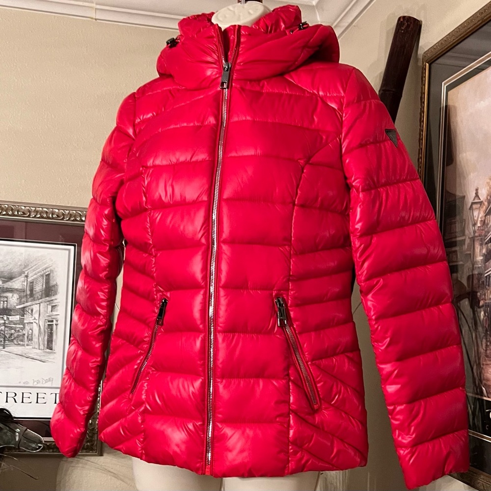 Guess puffer hooded red jacket is size medium